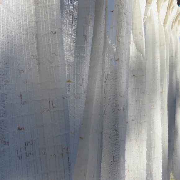 Long retro loose weave net curtains -white w/ brown/taupe/ecru textured banding - Picture 8 of 16